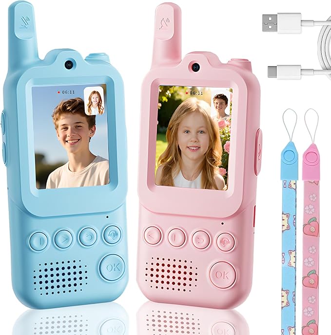 Upgraded Video Walkie Talkies for Kids Ages 3–10, Kids Walkie Talkies 2 Pack with with Micro Chat and Games, Interactive Video and Long Range, Rechargeable Outdoor Camping Gift for Boys & Girls