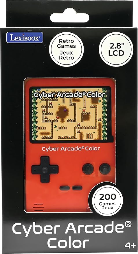 Lexibook, Cyber Arcade® Color, Portable Retro Game Console, 200 Action Games, Sport, Racing, Logic and Much More, 2.8" Color LCD Display, Red, JL2389