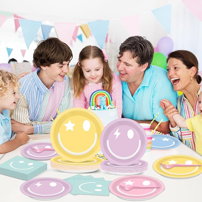 200Pcs Pastel Smile Face Party Decorations Paper Plates Napkin Preppy Smile Face Party Tableware Smile Face Dinnerware Set Supplies for Birthday Bachelorette Baby Shower Table Party Favors Serve 50