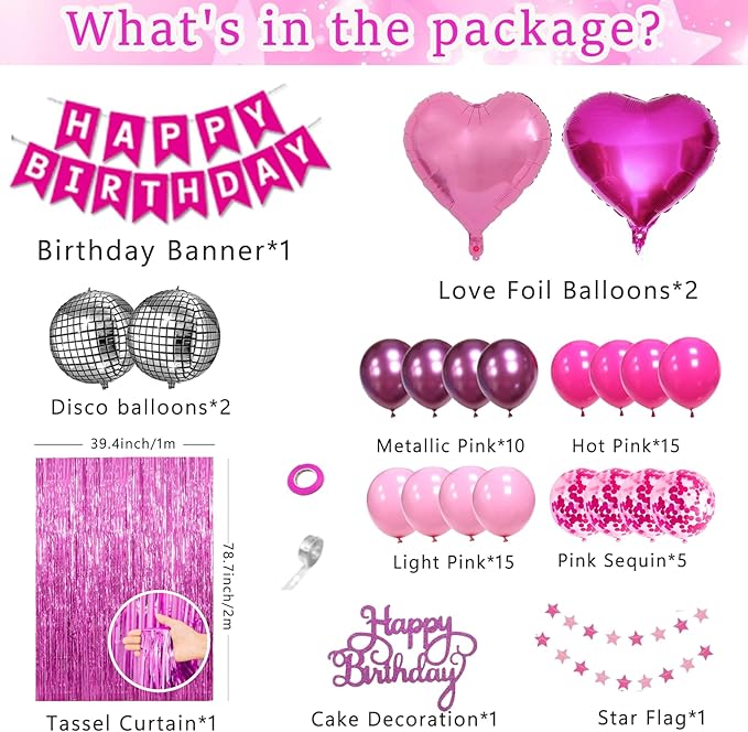 Pink Birthday Party Decorations for Women Girls with Happy Birthday Banner Paper Pompoms Fringe Backdrop Star garland Hot Pink Balloons Princess Décor
