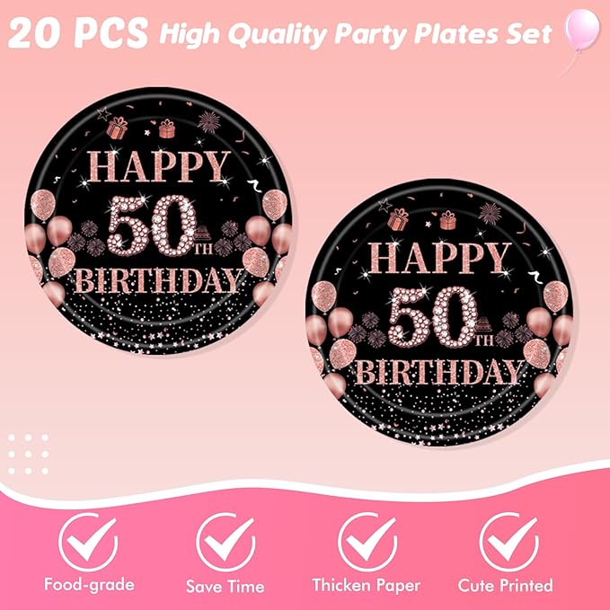 41Pcs 50th Birthday Decorations for Women, Vintage 50 Birthday Black and Rose Gold Disposable Paper Plates and Napkins Party Supplies for 20 Guests, 41Pcs Include 7" Plates Napkins and Tablecloth