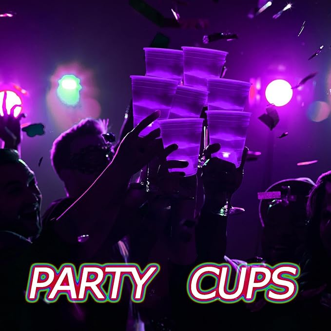 mishunyus 24 Pack Party Cups, Purple Glow Colored Plastic Cups, 16-Ounce Plastic Party Cups, Strong and Sturdy for Party Supplies