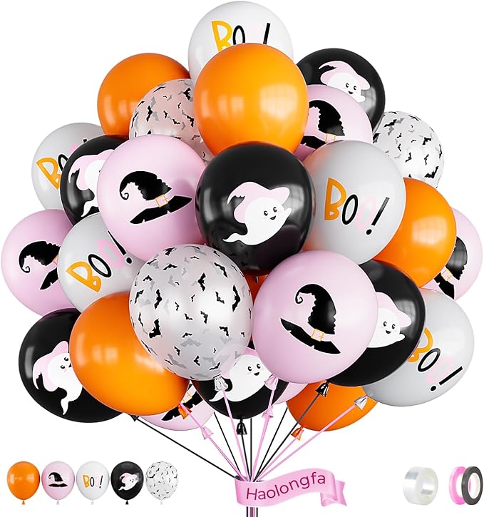 Halloween Balloons,12 Inch Pink,Black,Orange,White Balloons,Hey Boo Balloon with Cute Ghost,Wizard Hat,Bat Design for Halloween Party Decorations,Birthday,Baby Shower-50Pcs