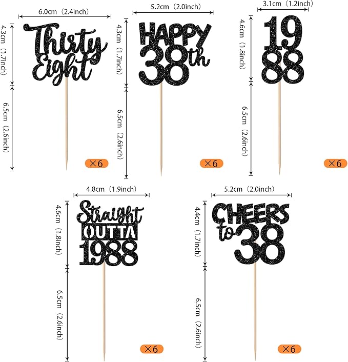 30PCS Black 38th Birthday Cupcake Toppers Glitter Thirty Eight Happy 38th Straight Outta 1988 Cupcake Picks for Cheers to 38 Years Birthday Wedding Anniversary Party Cake Decorations Supplies