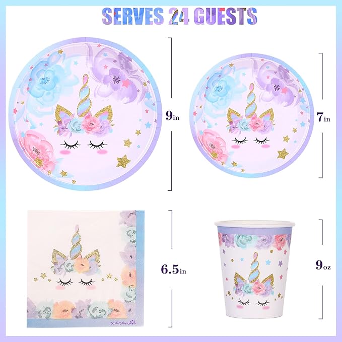 Unicorn Party Supplies Rainbow Unicorn Plates and Napkin Sets for Baby Shower First Girls Birthday Party Decorations Afternoon Tea Pool Garden Party，Serves 24