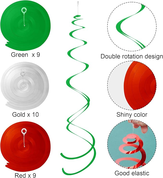 Colorful Ceiling Swirl Foil Decorations Hanging Plastic Streamer Themed Swirl Party for Graduation Celebration, Pack of 28 (Red, Green and Sliver)
