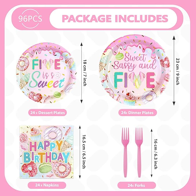 96 Pcs Sweet Sassy and 5 Birthday Decorations Donut 5th Birthday Party Decorations for Girls Colorful Donut Plates and Napkins 5 Years Old Disposable Party Supplies Serves 24
