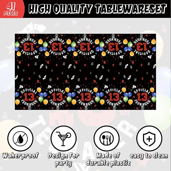 41pcs 13th Red and Black Birthday Party Supplies,include 20 Dessert Plates, 20 Napkin and 1pcs Tablecloth,Used for 13th Red and Black Party Decoration
