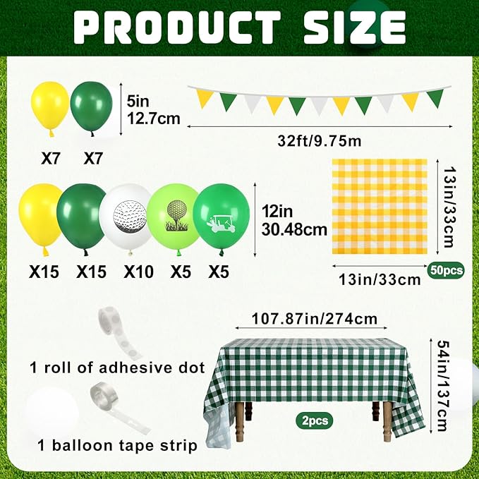 Leyndo 119 Pcs Golf Theme Party Decorations Include Yellow White Green Balloons Checkered Tablecloths Disposable Napkins Pennant Banner with Tool for Golf Summer Birthday Wedding Party Supplies