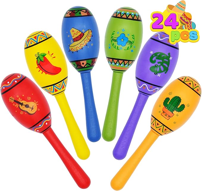 JOYIN 24 Mini Wooden Fiesta Maracas 6 Designs Noisemaker for Mexican Fiesta, Cinco De Mayo Party Favors, Musical Fun, Birthday Parties, Luau Party, Carnivals, Taco Tuesday Event
