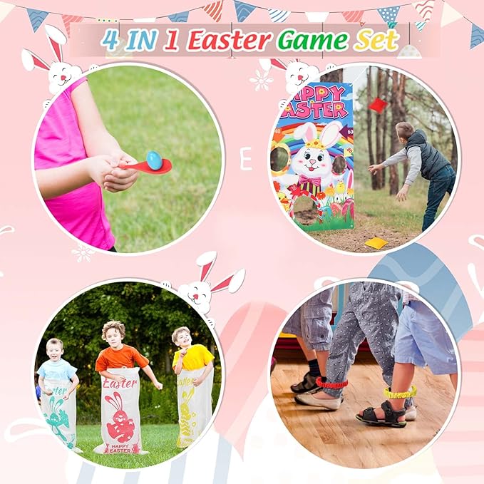 23 Packs Easter Outdoor Party Games for Kids Potato Sack Race Jumping Bags with Legged Race Bands, Egg and Spoon Race，Toss Game and Stickers, Outdoor Games for Easter Eggs Hunt,Easter Party Supplies