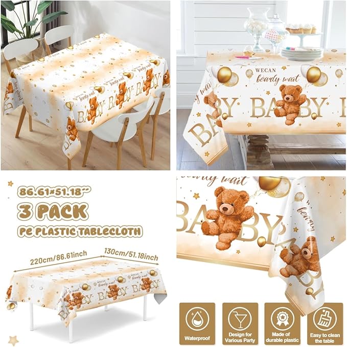 3PCS Bear Baby Shower Tablecloth, We Can Bearly Wait Teddy Bear Tablecloth Boho Brown Balloon Star Plastic Table Cover for Kids Birthday Party, Gender Reveal, Baby Shower, 51.2X 86.6inch