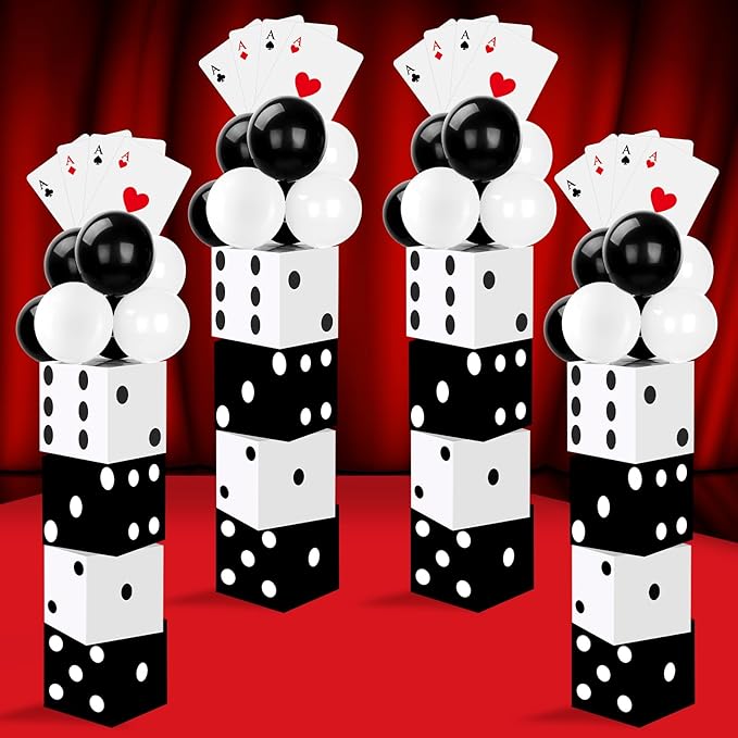 68 Pcs Casino Party Boxes Balloon Poker Cards Decoration-16 Pcs 11 in Casino Dice Favor Boxes 16 Jumbo Playing Cards 36 Balloons for Game Night Birthday Grad Prom Party Supplies(Black White)
