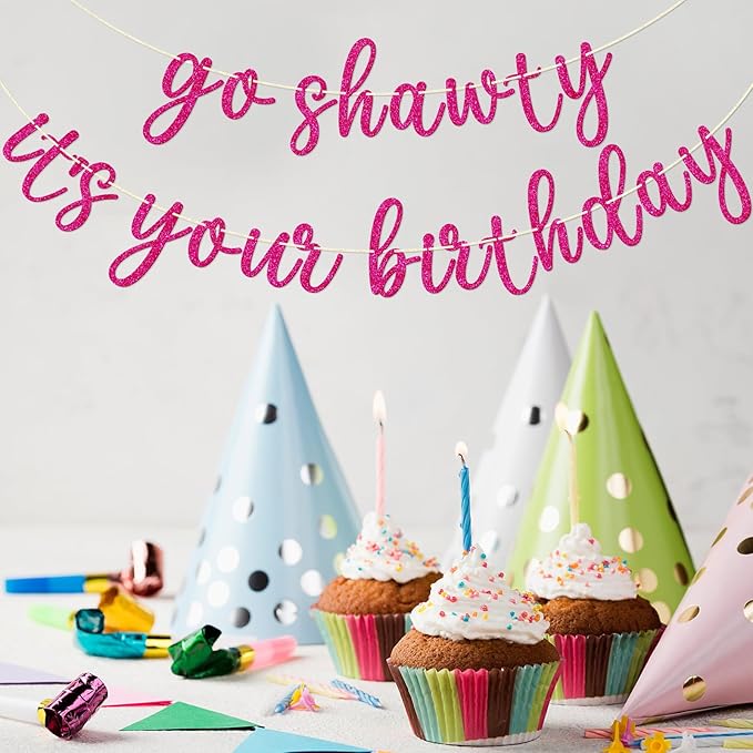 Go Shawty It's Your Birthday Banner, Hip Hop Birthday Party Decorations Supplies, Rap Theme Bday Bunting Sign, Pre-strung, Photo Props (Pink)