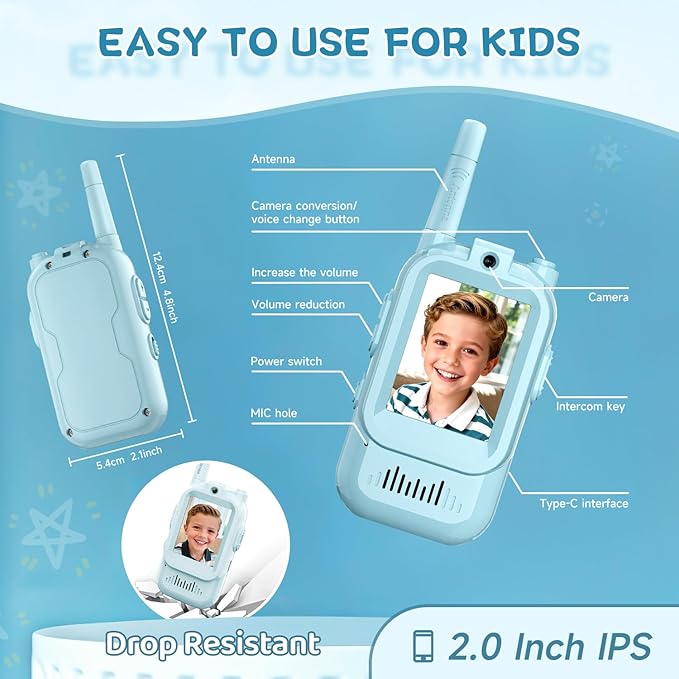 Video Walkie Talkies for Kids, Handheld 2 Pack Rechargeable Video Intercom Kids Walkies Talkies, Indoor Outdoor Toys for Family Games, Outside, Camping, Hiking for Boys Girls Ages 3-12 (Blue/Blue)