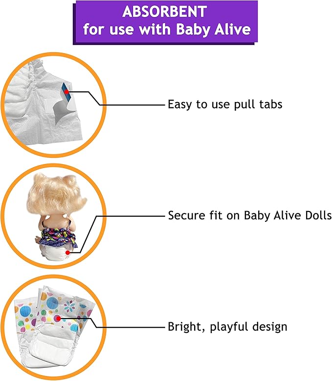Pail Buddies Baby Doll Diapers Refill Value Pack | Compatible with Baby Alive Dolls 10–14 Inch That Drink & Wet / Poop | Secure Tabs, Absorbent & Kid-Friendly | Doll Accessories | 32 Count