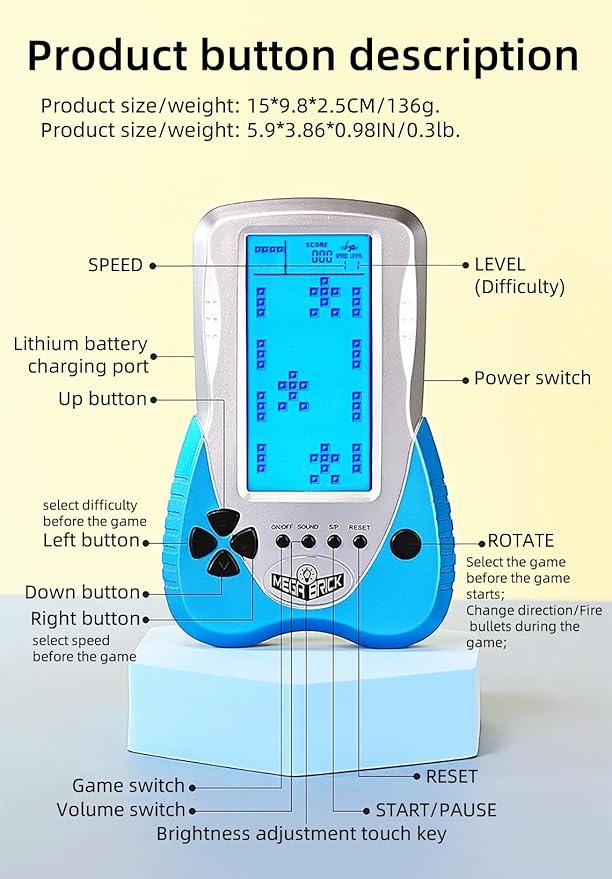 New Block Game Console Built-in Puzzle Games Dual Power Modes Blue Backlight Pluggable Headphone Simple Operation Long Battery Life Handheld Electronic Games Nostalgic Retro Toy/Gift (Red)