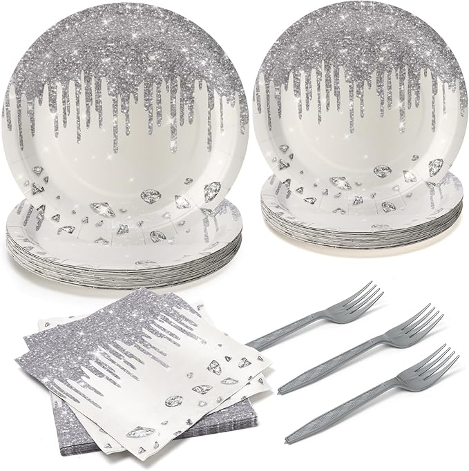 96Pcs Silver Diamonds Plates Party Supplies Glitter Paper Plates and Napkins and Forks Baby Shower Kids Birthday Party Decorations, Serves 24