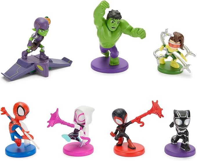 Disney Store Official Spidey and His Amazing Friends Figure Set – 7 Fully Sculpted Disney Figures Including Spidey, Spin, Ghost Spider & More in Double-Tiered Box with Scenic Backgrounds