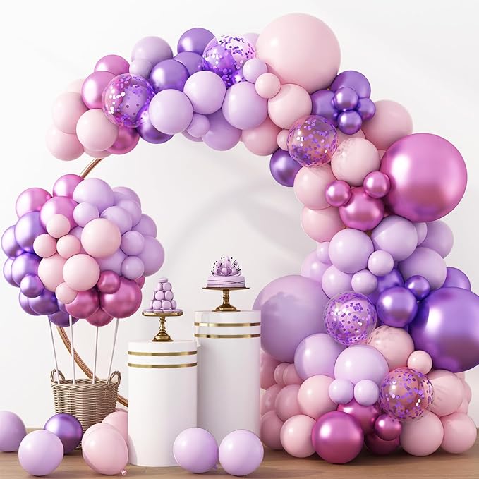 RUBFAC Pink Purple Balloon Garland Arch Kit 129pcs Different Sizes Pack of 18 12 10 5 Inch, Latex Metallic Confetti Lavender Purple Pastel Pink Balloon Garland Arch Kit for Birthday Wedding