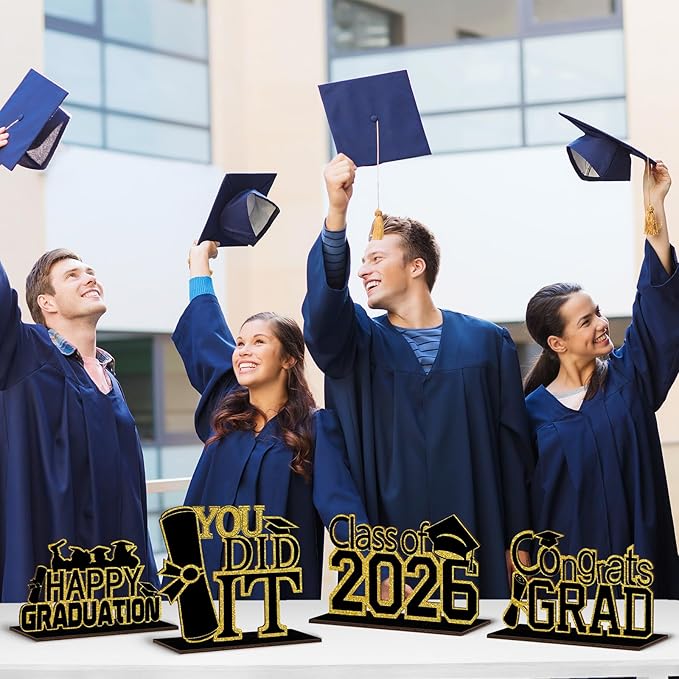 4 Pcs KSKSPE Graduation Decorations Party Supplies Table Centerpieces,Graduation Theme Design and Sturdy Wooden for Graduation Party Favors Decorations,Black