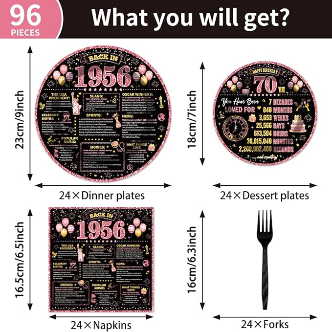 96Pcs 70th Birthday Decorations Women Tableware Set Rose Gold Back in 1956 Paper Plates Napkins Forks Cheers to 70 Years Disposable Tableware Decor for 70th Bday Theme Party Favor Serve 24 Guests