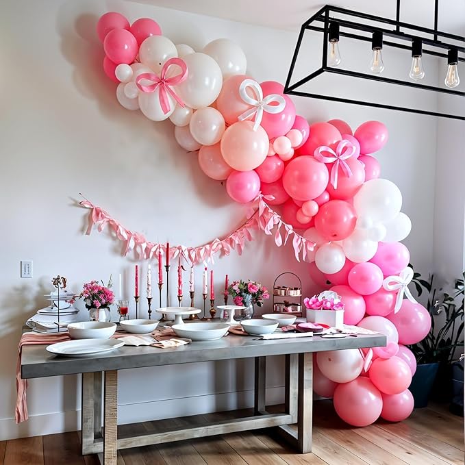Pink and White Balloon Arch Kit,Baby Pink Clear Long Balloons for Girl Light Pink Latex Bow Birthday Party Decorations Wedding Baby Shower Bridal Engagement Anniversary Pink Bow Decor