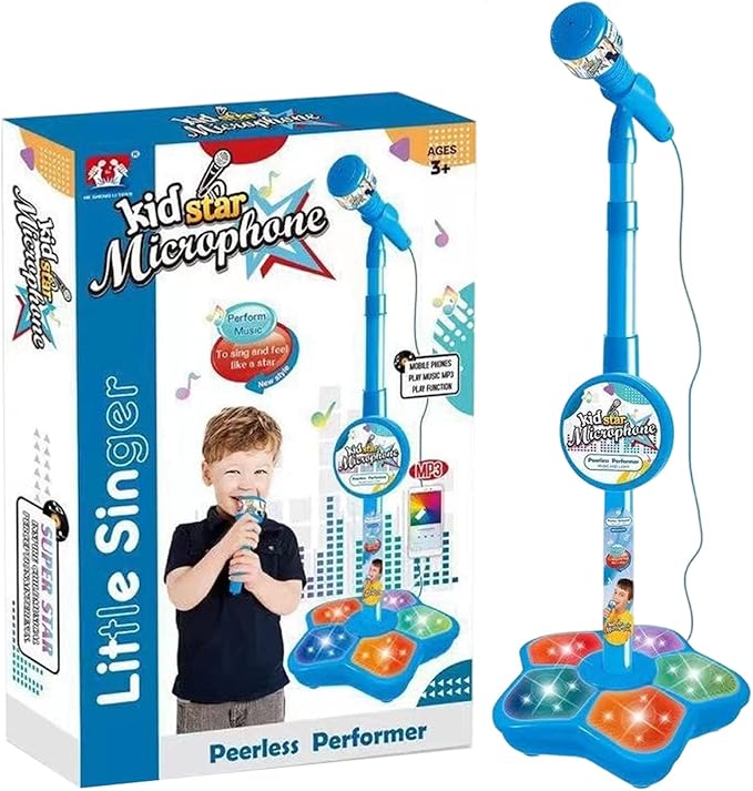 The All-in-One Microphone Toy, Portable Kids Karaoke Machine, Kids Microphones with Stand, with Flashing Stage Lights and Pedals, Guitar Toys for Fun Musical Effects (Blue, Microphone)