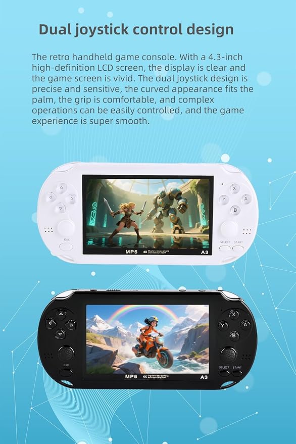 Retro Game Console 4.3 Inch Screen, Portable Dual Joystick Handheld Gaming System with 2000+ Games, Support TV Connection, Rechargeable Travel Toys for Kids Adults, Birthday Xmas Gift (White)