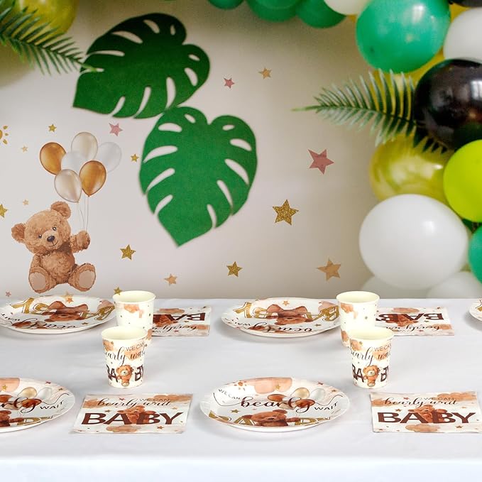 Hushee 200 Pcs Brown Bear Baby Shower Paper Plates Napkins Cups Baby Shower Party Supplies Tableware Set Brown Bear Disposable Cup Napkin for 50 Guest Spring Party Decoration