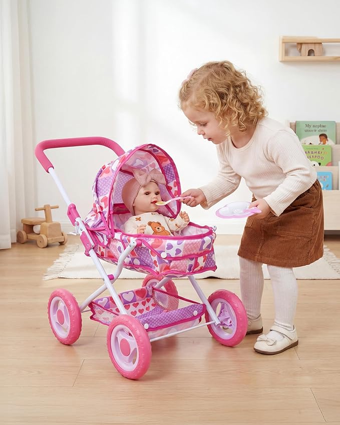 BABESIDE Baby Doll Stroller Set, 10-Piece Portable Doll Stroller with Baby Doll Accessories for Pretend Play, Feeding & Care Playset for Girls 3+, Fits 12-Inch Dolls (Doll Not Included)