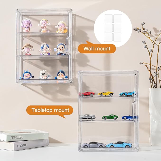 2 Pack 3 Tier Clear Display Case for Figures, Wall-Mounted Acrylic Storage Organizer Box, Stackable Display Cabinet with Magnetic Door & Removable Shelves, Showcase for Collectibles, Figures