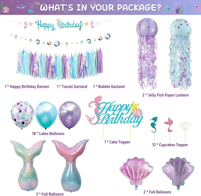 Mermaid Birthday Party Decorations Supplies Banner Tassel Garland Bubble Garland Hanging Jelly Fish Paper Lanterns Balloons Cake Topper Mermaid Happy Birthday Decorations for Women
