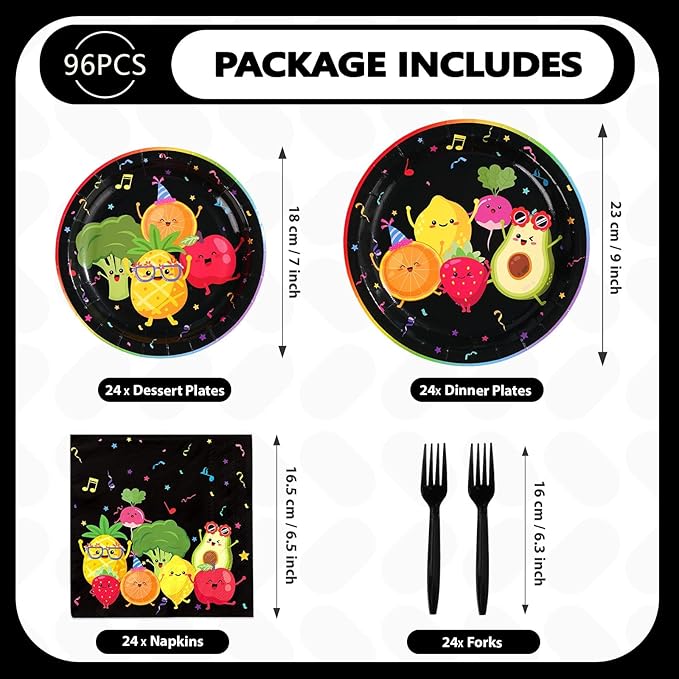 200 Pcs Dancing Fruit Party Decorations Dancing Fruits Plates and Napkins Fruits Themed Paper Dessert Plates for Kids' Birthday Baby Shower Party Supplies Serves 50
