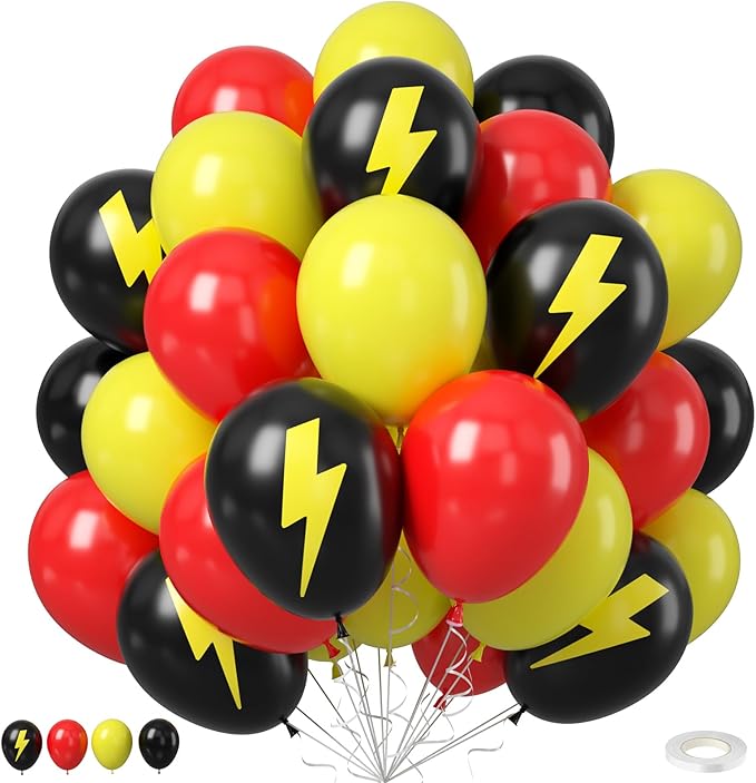 Red Black Yellow Balloons, 60 Pcs 12 Inch Energy Lightning Theme Balloons for Kids Adventure Birthday Party, Game Action Baby Shower Decorations