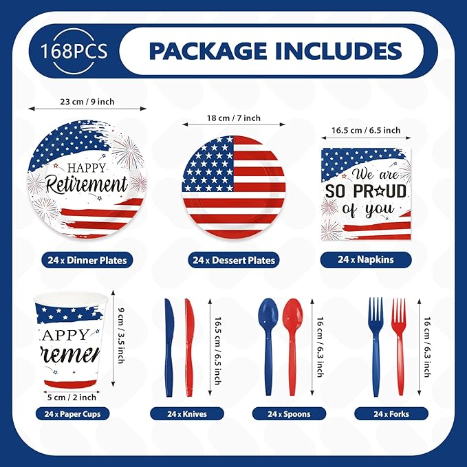 168Pcs We Are So Proud of You Party Supplies Military Happy Retirement Plates Napkins Cups Forks Knives Spoons Red White Blue Paper Tableware for Retirement Veterans Day Supplies Serves 24