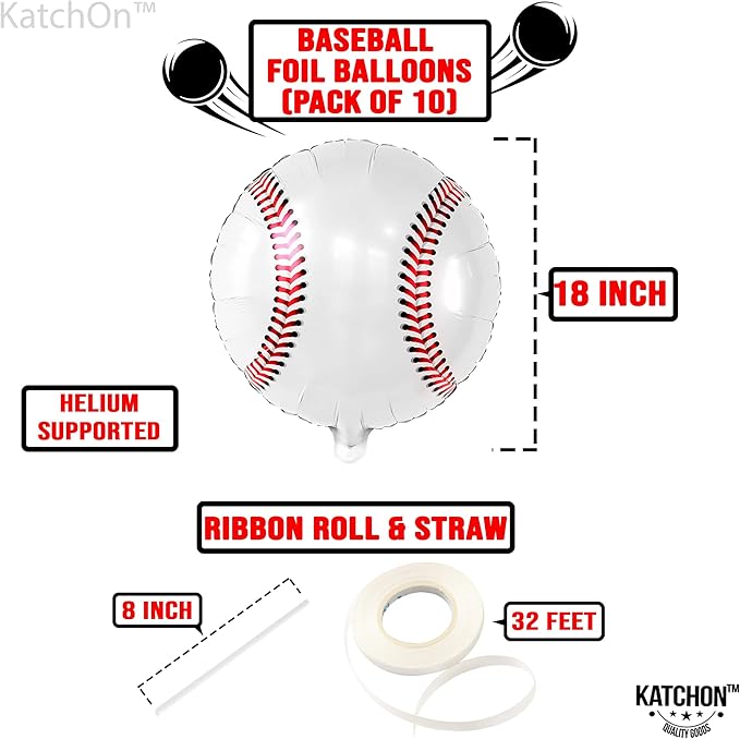 Katchon, Large Baseball Balloons 18 Inch-pack of 10 | Baseball Birthday Decorations With Baseball Foil Balloons | Sports Themed Party Decorations for Baseball Party Decor or Gender Reveal Decorations