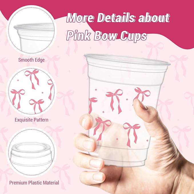 50 Pcs Pink Bow Cups, 12 oz Cute Bow Plastic Cups for Wedding Baby Shower Birthday Party Decorations Favors