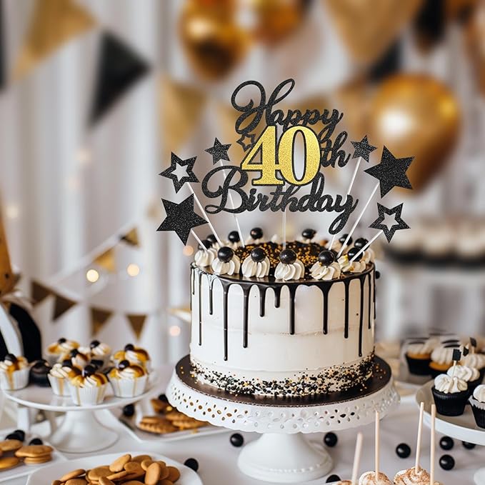 Happy 40th Birthday Cake Toppers, Black Gold Glitter Cake Decorations Set, 40th Birthday Decor for Men Women, Birthday Anniversary Party Decorations Supplies