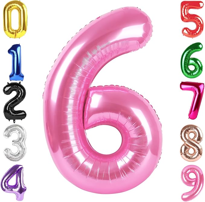 40 Inch Pink Number 6 Balloon, Giant 6 Number Balloons for 6th Birthday Decorations, Party Supplies for Baby Boy Girl, Pink Party Decor