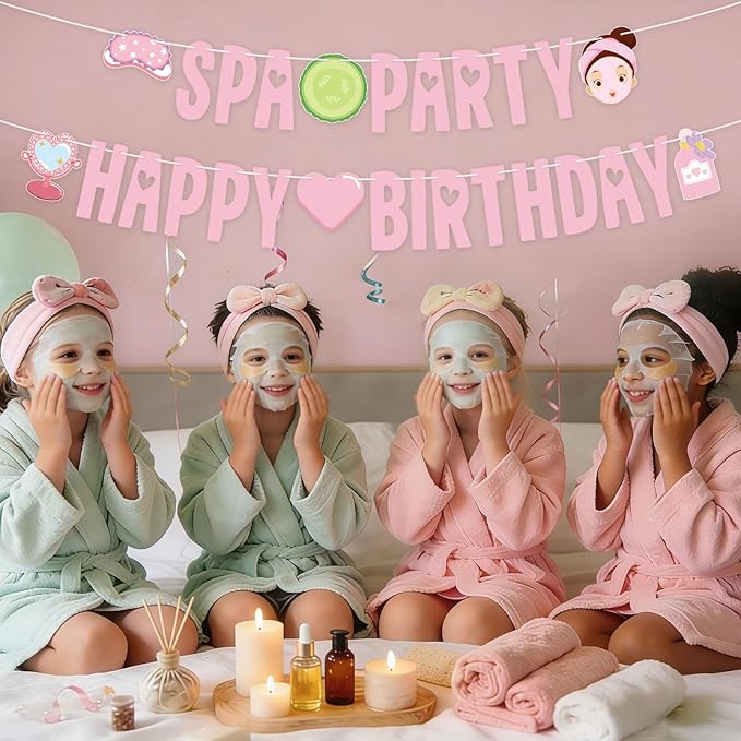 Spa Party Banner Spa Party Decorations Supplies for Girls Pink Happy Birthday Banner Sign Spa Themed Garlands for Princess Sleepovers Slumber Makeup Party Decorations