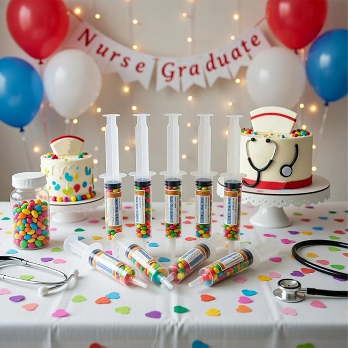40 Pcs Nursing Graduation Party Supplies, 20 Pcs Plastic Syringes for Drinks, 20 Sticky Labels, Class of 2026 Graduation Decoration Nurse Party Supplies Bsn Rn Lpn Gift (100 ml)