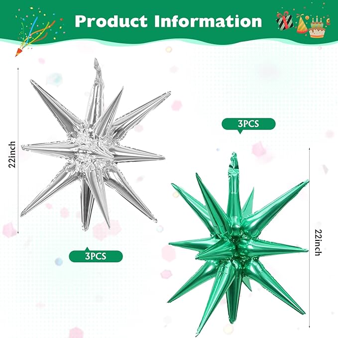 6 Pcs Silver Star Foil Balloons One-Piece 14-Pointed Star Balloon 4D Starburst Cone Mylar Balloon 22inch Christmas Birthday Wedding Wedding Anniversary Party Supplies (Silver + Green)