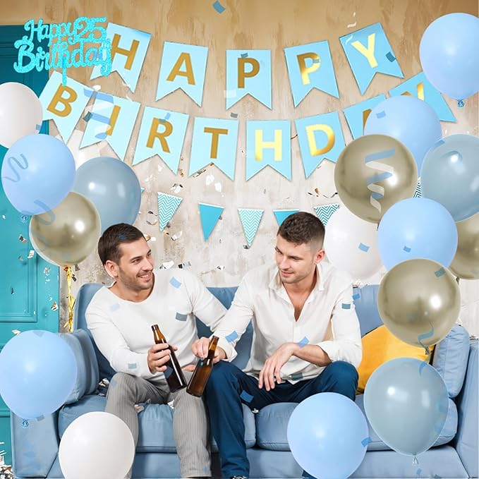 25th Birthday Decorations, Blue Happy Birthday Party Decorations With Teal Blue Number 25 Balloons Dusty Macaron Blue White Balloons Fringe Curtain Banner Cake Topper For Man Woman Party Supplies