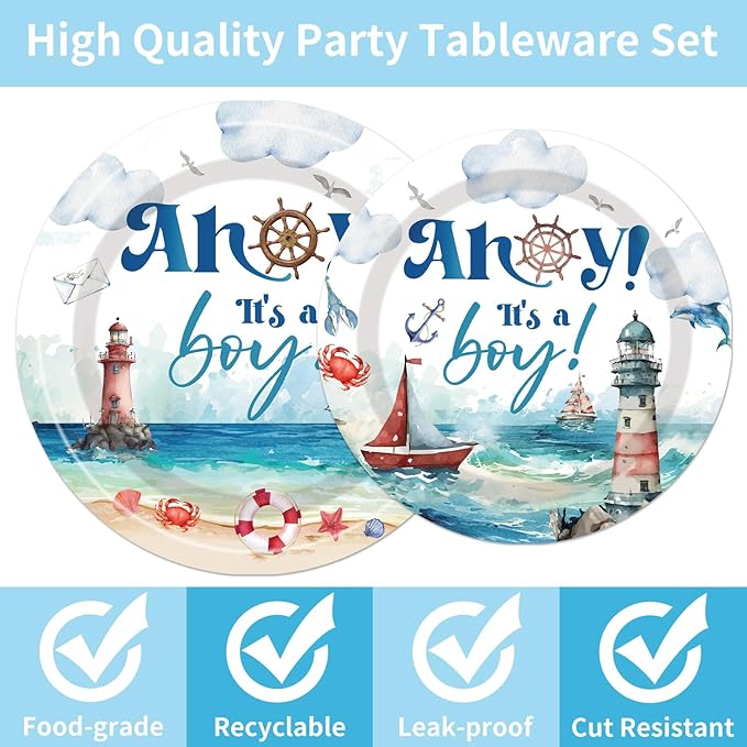 Ahoy Its a Boy Baby Shower - Nautical Themed Plates and Napkins Party Supplies Ahoy Nautical Boy Baby Shower Party Decorations Paper Disposable Tableware Set Serve 24 Guests