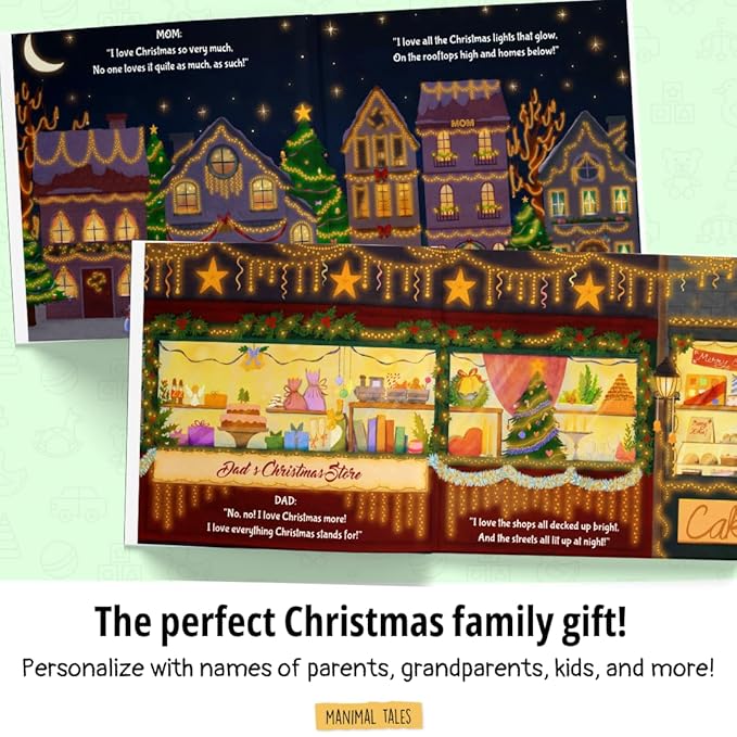 Personalized Christmas Book for the Entire Family – We Love Christmas the Most! – Custom Family Name Holiday Story for Kids, Parents & Grandparents to Read Together - Manimal Tales (8.5" x 8.5")