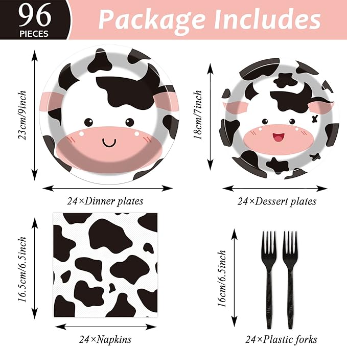 gisgfim 96 Pcs Cow Party Supplies Cow I'm One Paper Plates Napkins Forks Cowprint Disposable Dessert Cake Dinner Tableware Set for Boy Girl Farmhouse Animal Birthday Party Decorations Favors Serves 24