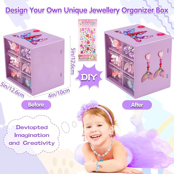Kids Toys for Ages 5-7 Girls Jewelry Box, Toddler Toys For Girls 8-10, Clip on Earrings Adjustable Rings, Unicorn and Mermaid toy for Pretend Play & Dress up 3 4 5 6 Kids Birthday Christmas Gifts