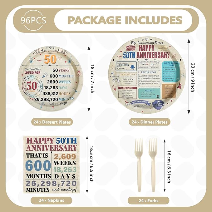 96Pcs 50th Anniversary Party Decorations Retro 50 Years Wedding Aday Plates and Napkins Golden 50th Anniversary Disposable Tableware Set for Vintage 50 Year Wedding Party Supplies Serves 24