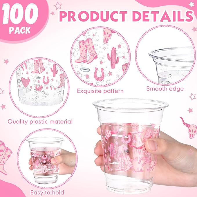 100 Pcs Western Plastic Cups 12 oz Clear Disposable Plastic Cowboy Cowgirl Drinking Cups Bulk for Boho Preppy Baby Shower Birthday Wild West Party Decoration Supplies(Western Cowgirl,Pink)